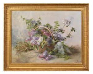 ALTE BLUMENBILDER VON LILA, ÖLGEMÄLDE AUF LEINWAND, ANFANG 1900, ART DECO. (QF710)